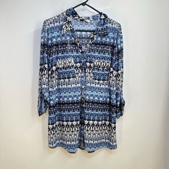 Emily Daniels Size 2X Blue Geo-Floral Print Button Front Tab Sleeve Blouse Shirt - Picture 1 of 7